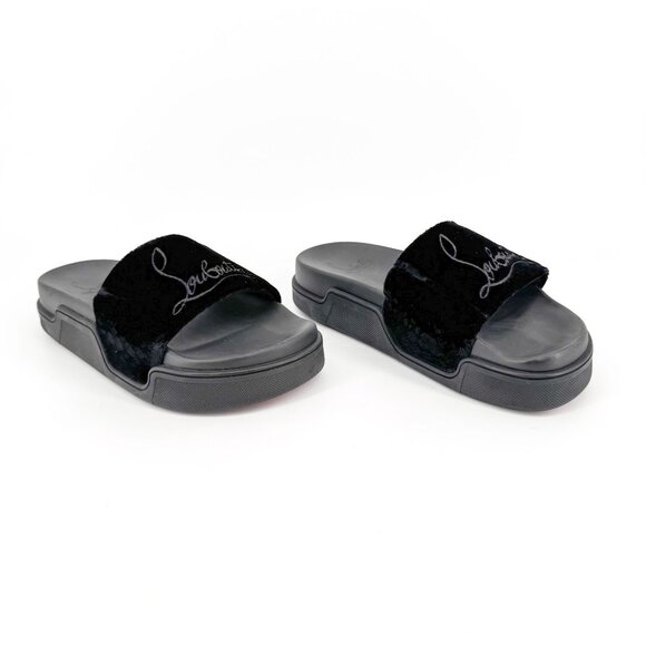Christian Louboutin 'Navy Pool' Slide Sandals Size 37 US 7 Black Velvet Logo 33 - Picture 1 of 12